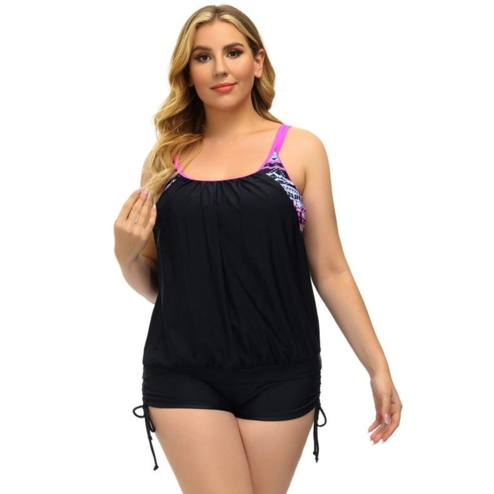 Plus Size Printed Strappy Tankini Swimsuit with Boyshorts